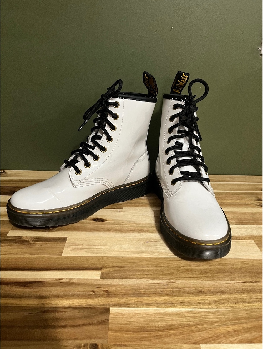 Dr. Martens Zavala White Patent Leather Combat Boots